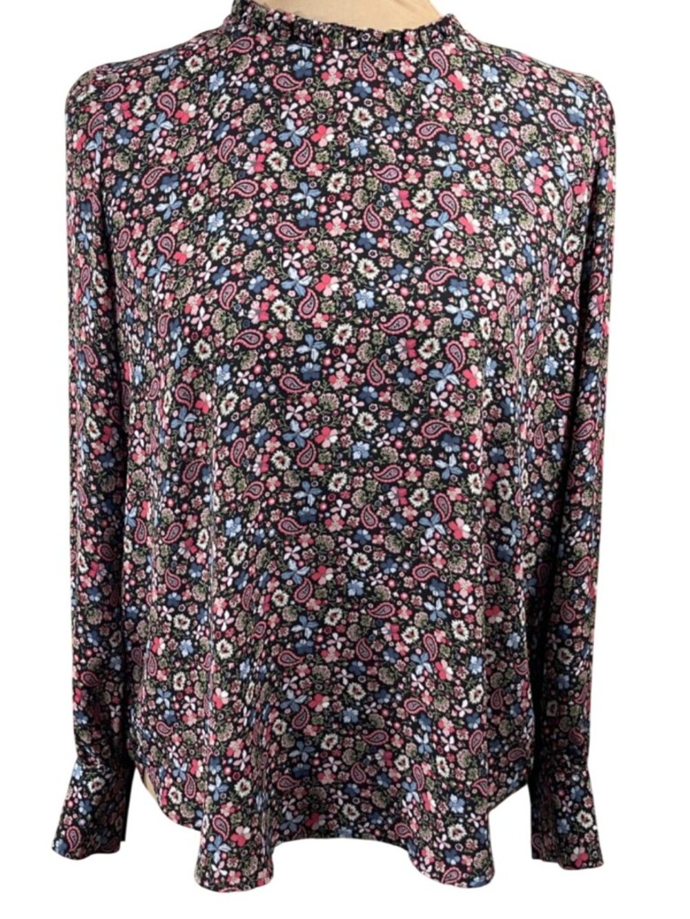 Loft Blouse Popover Ditzy Floral Paisley Size M Medium Black Pink Long Sleeve